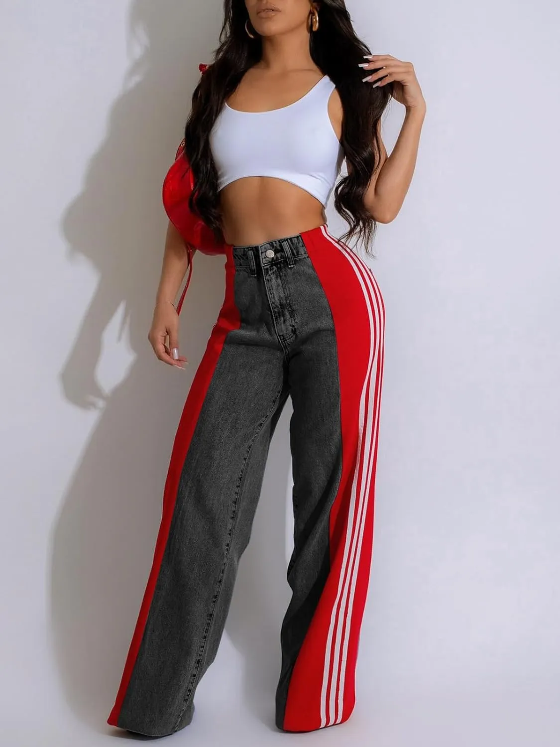 KANSOON Jeans for Women with Patchwork Stripes High Waisted Straight Stretchy Loose Color Block Wide Leg Denim Pants