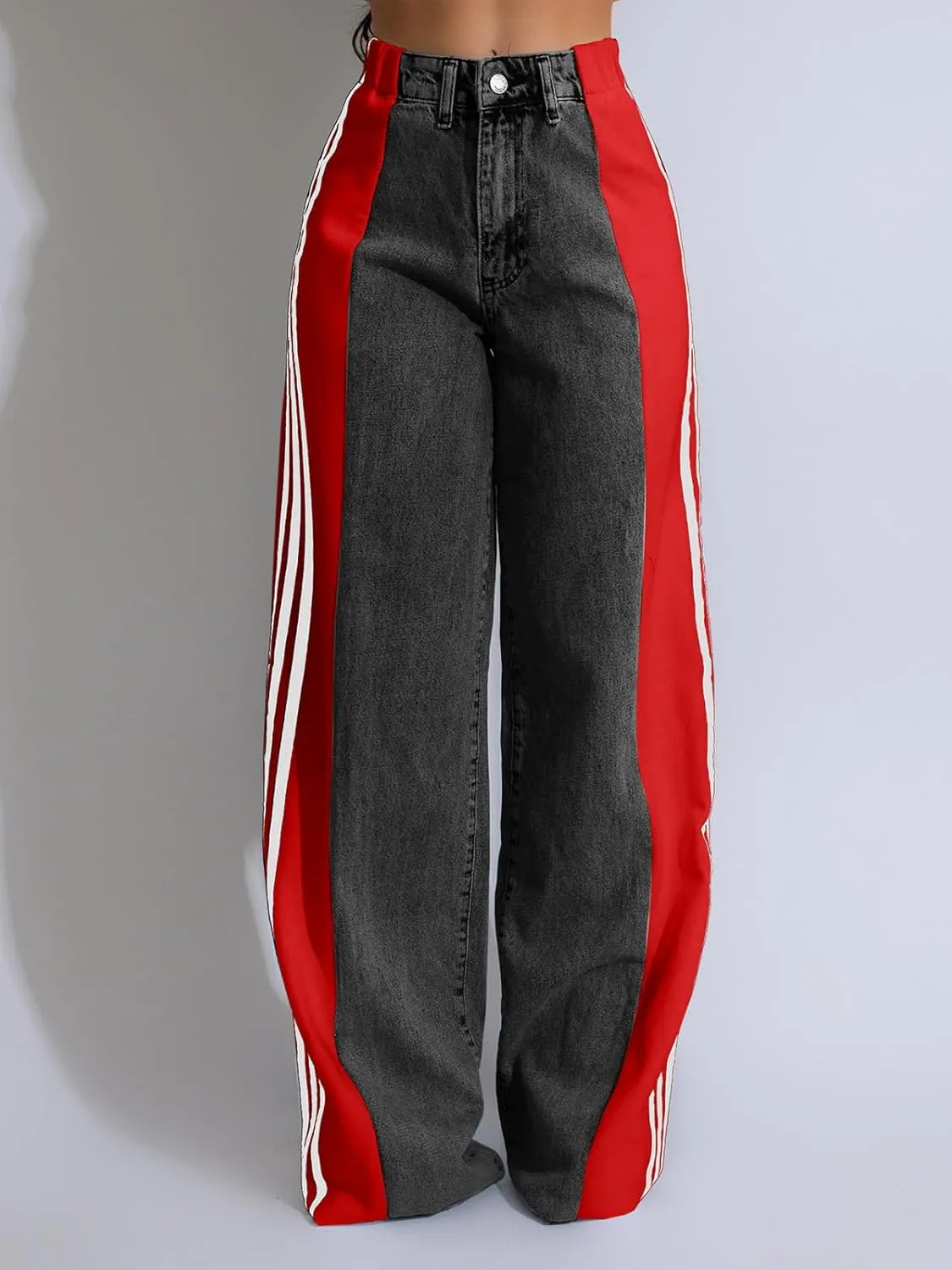 KANSOON Jeans for Women with Patchwork Stripes High Waisted Straight Stretchy Loose Color Block Wide Leg Denim Pants