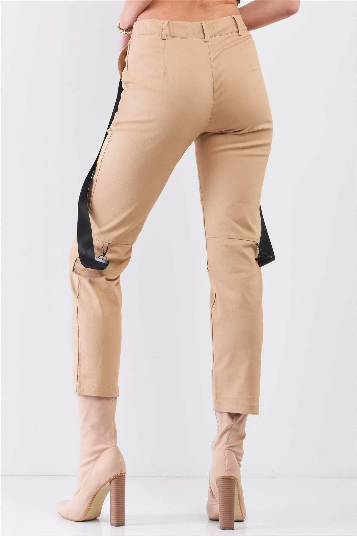 Khaki Mid-Rise Detachable Utility Straps Detail Straight Cut Pants /3-2-1