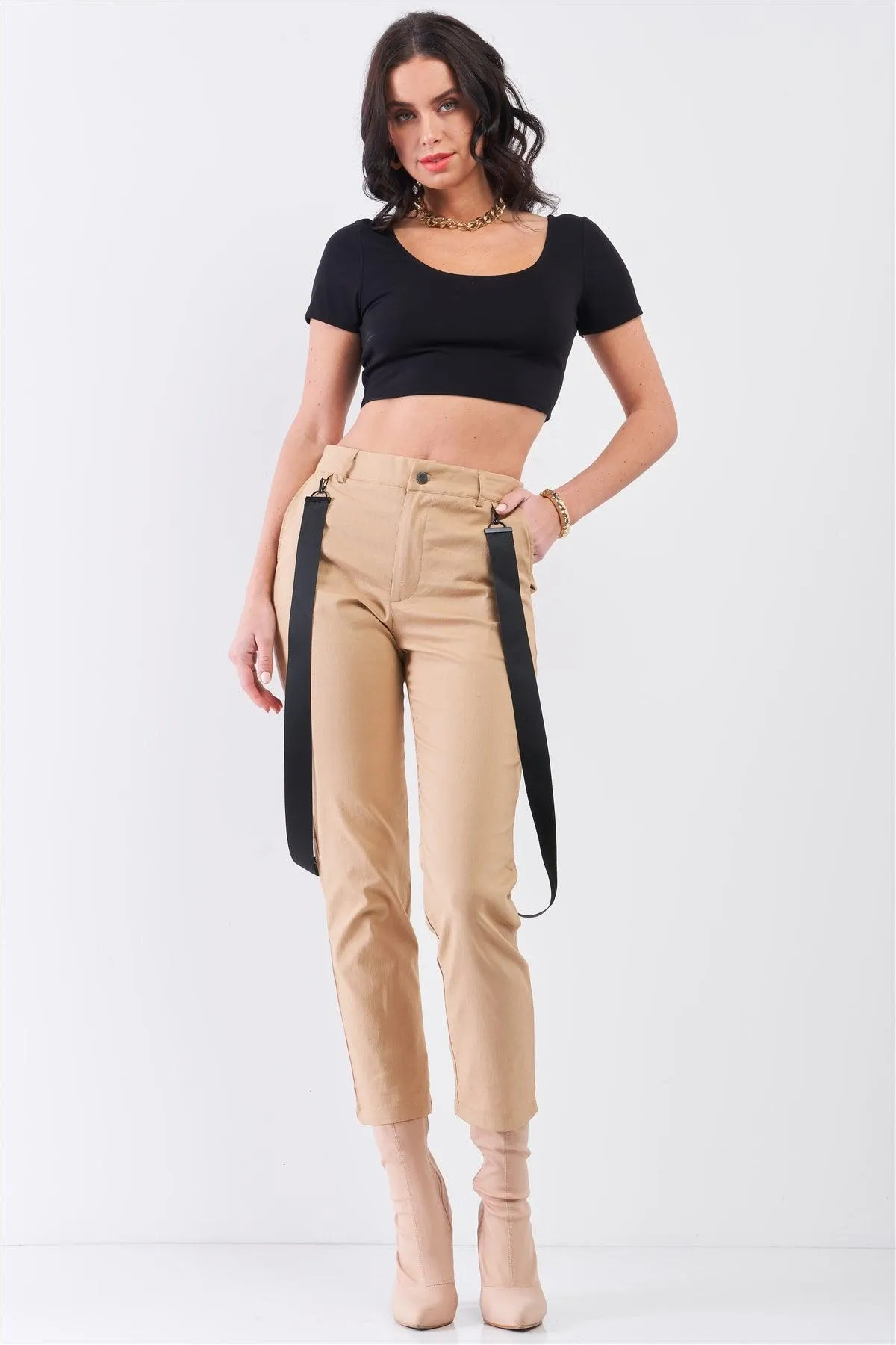 Khaki Mid-Rise Detachable Utility Straps Detail Straight Cut Pants /3-2-1