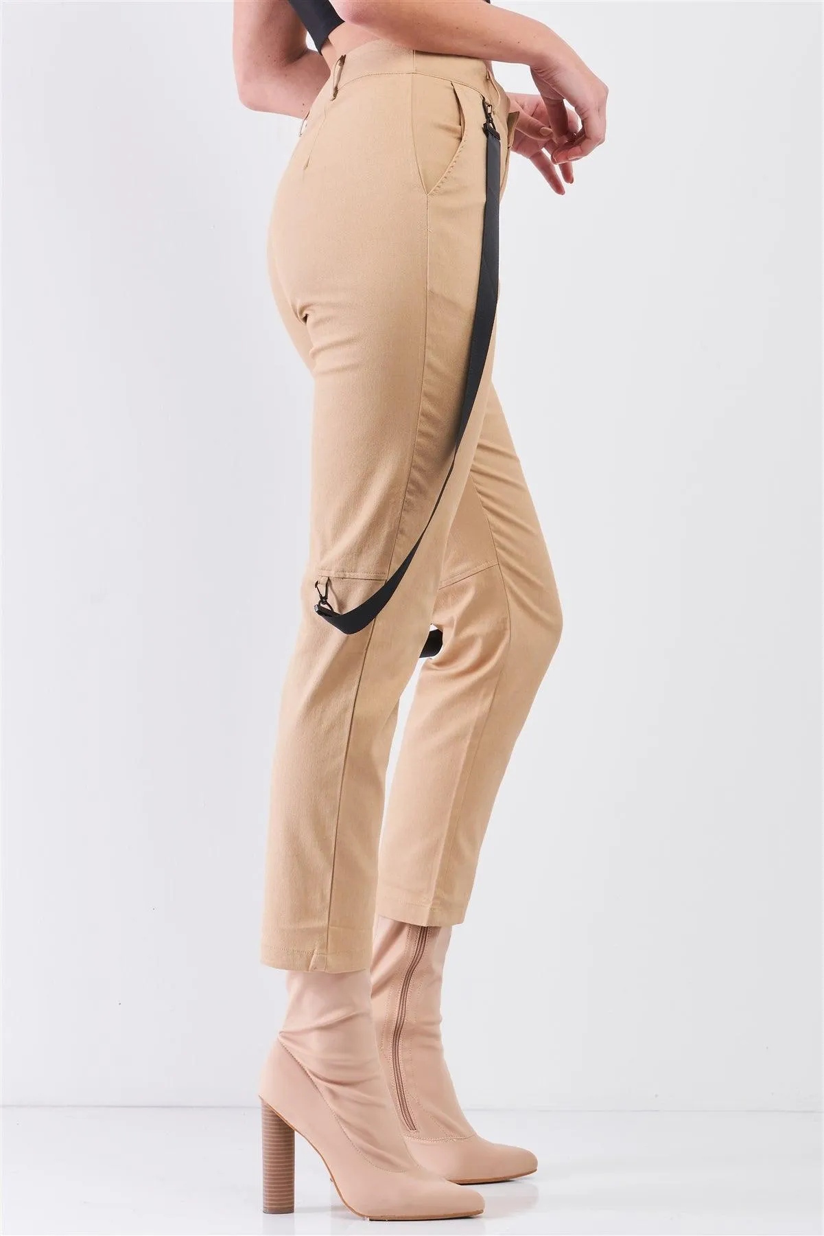 Khaki Mid-Rise Detachable Utility Straps Detail Straight Cut Pants /3-2-1