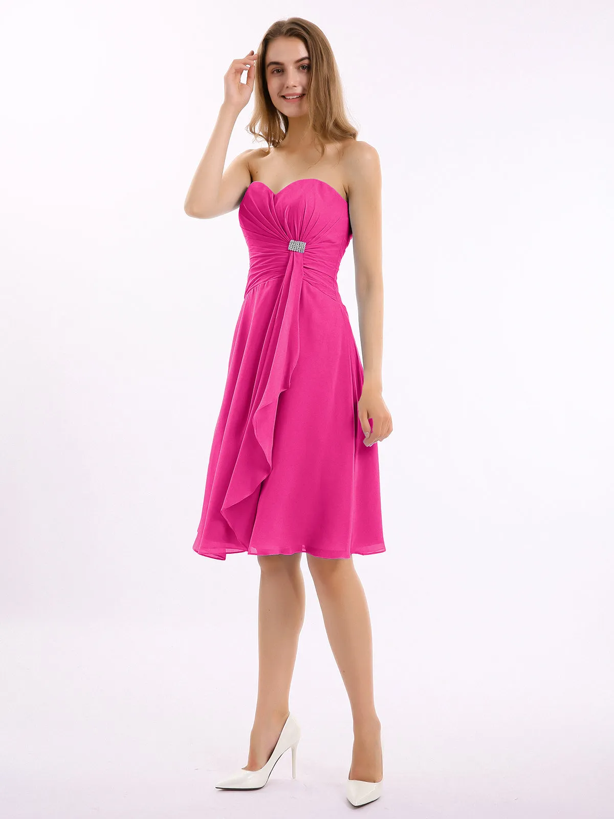 Knee Length Chiffon Dress with Sweetheart Neck-Fuchsia Plus Size