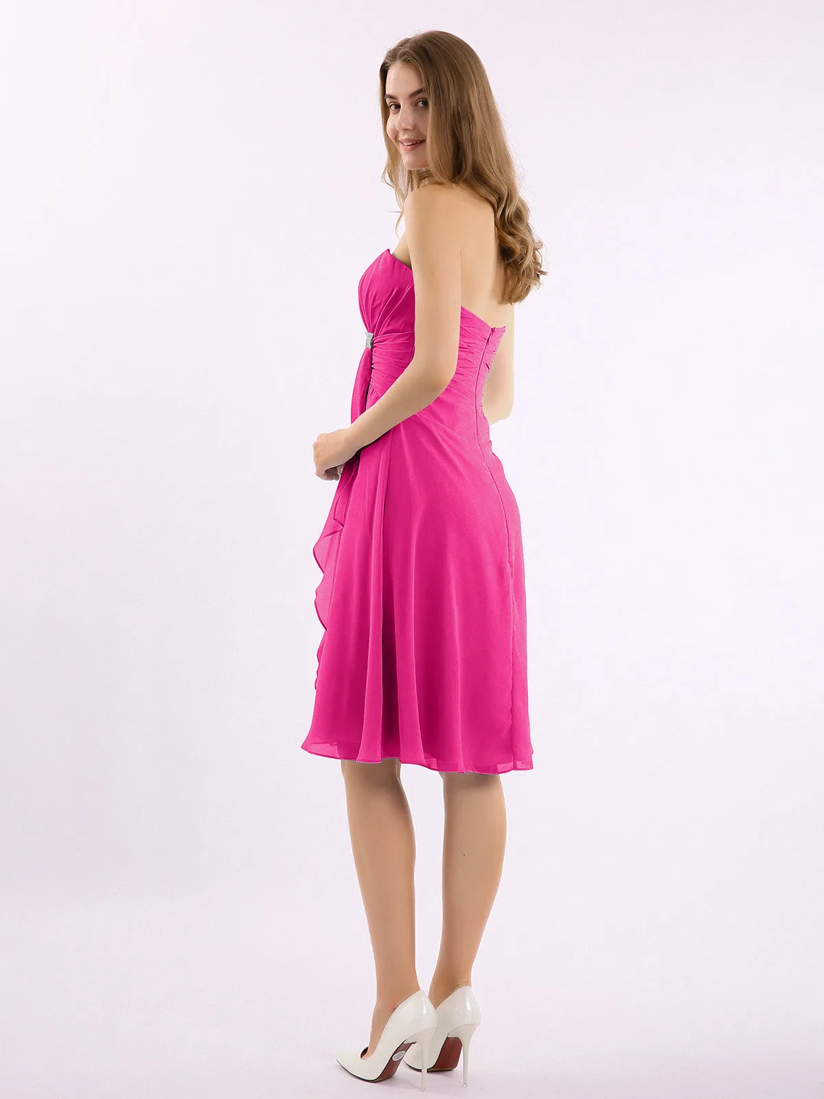 Knee Length Chiffon Dress with Sweetheart Neck-Fuchsia Plus Size