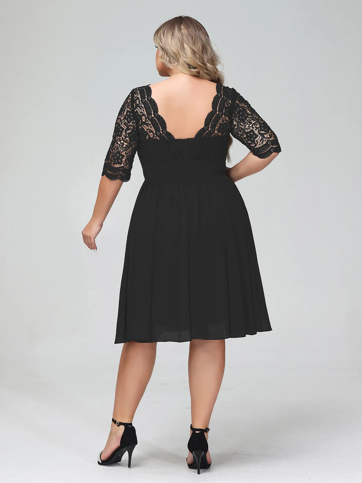 Lace and Chiffon Short Dress with Half Sleeves Black