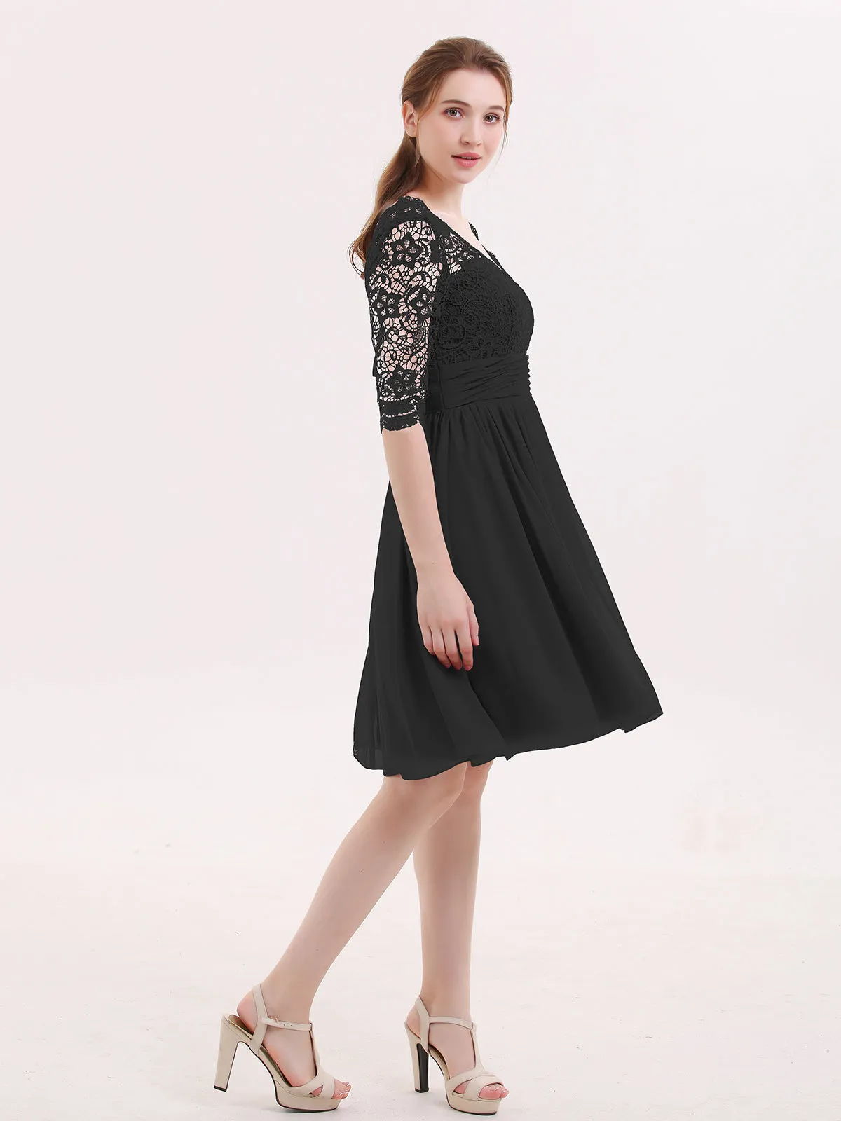 Lace and Chiffon Short Dress with Half Sleeves Black