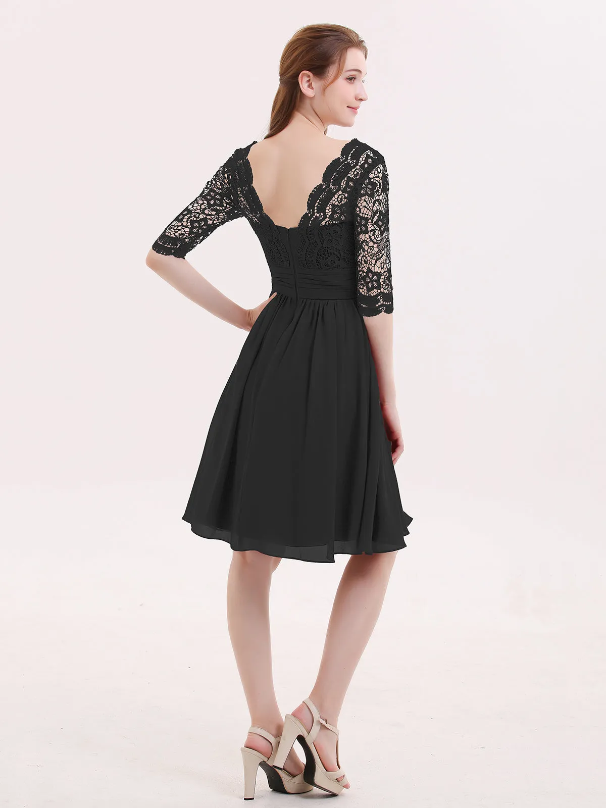 Lace and Chiffon Short Dress with Half Sleeves Black