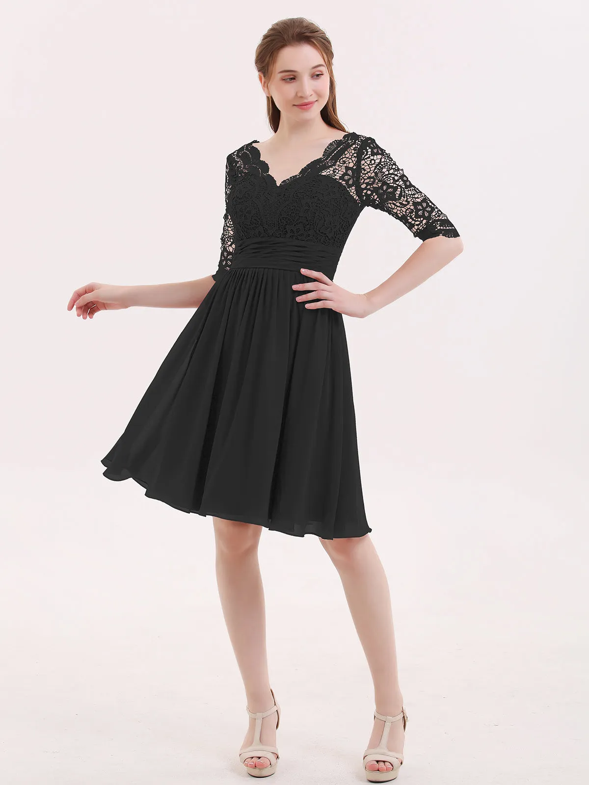 Lace and Chiffon Short Dress with Half Sleeves Black
