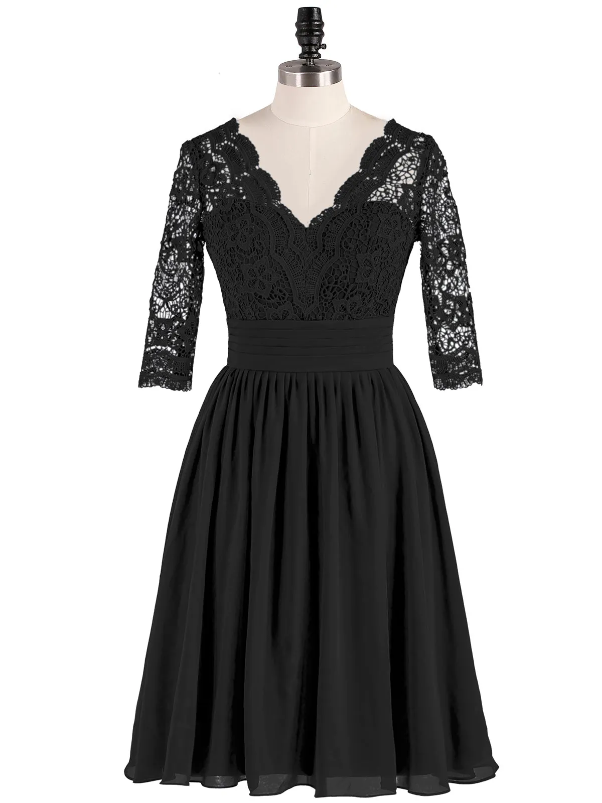 Lace and Chiffon Short Dress with Half Sleeves Black