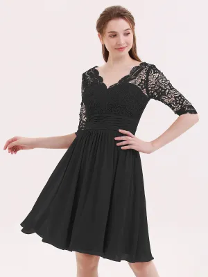 Lace and Chiffon Short Dress with Half Sleeves Black