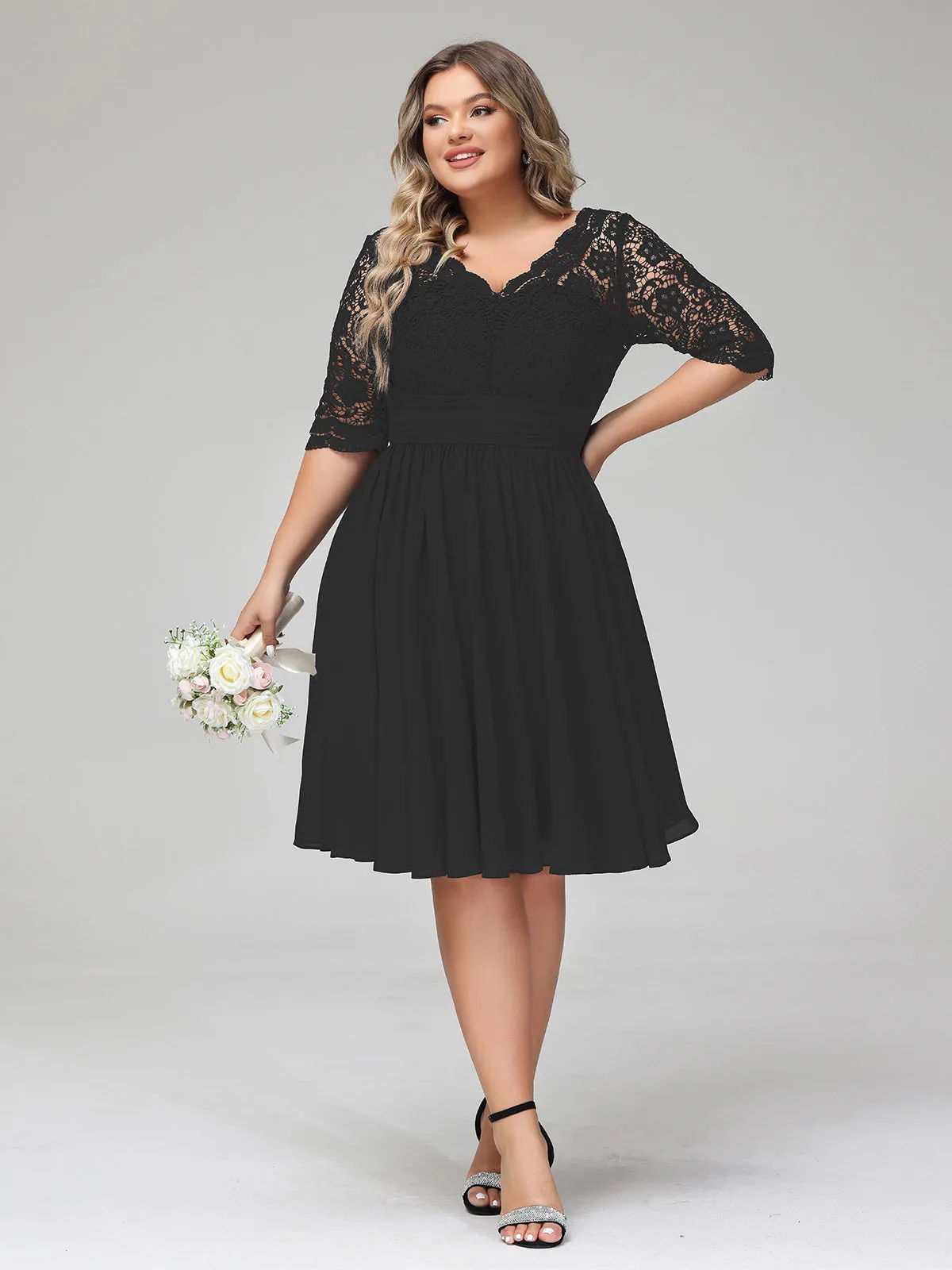 Lace and Chiffon Short Dress with Half Sleeves Black