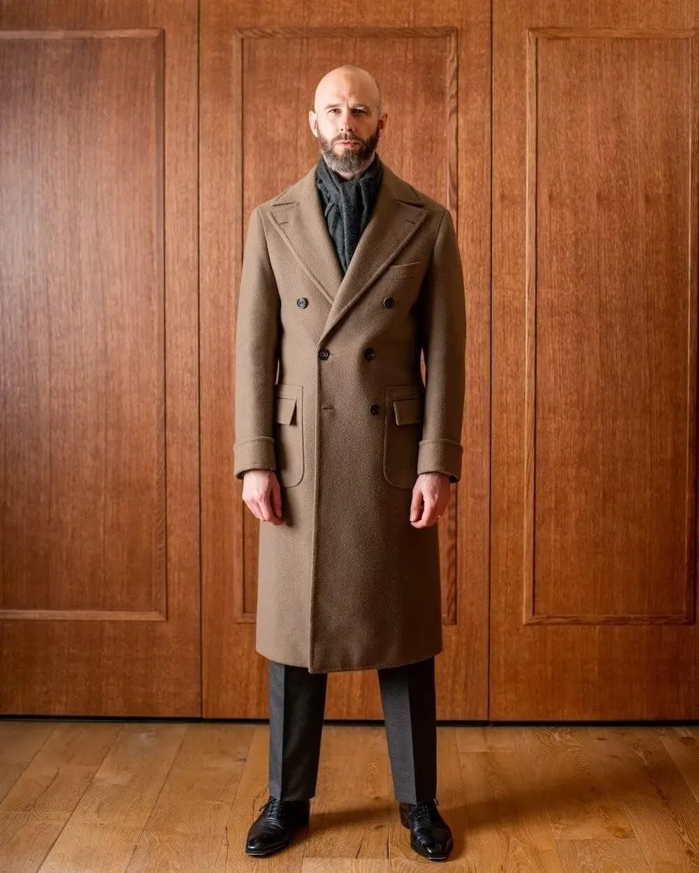 Leisure Men's Cashmere Long Overcoat Double Breasted Pea Jacket Notch Lapel Winter Trench Coat Regular Fit Jacket