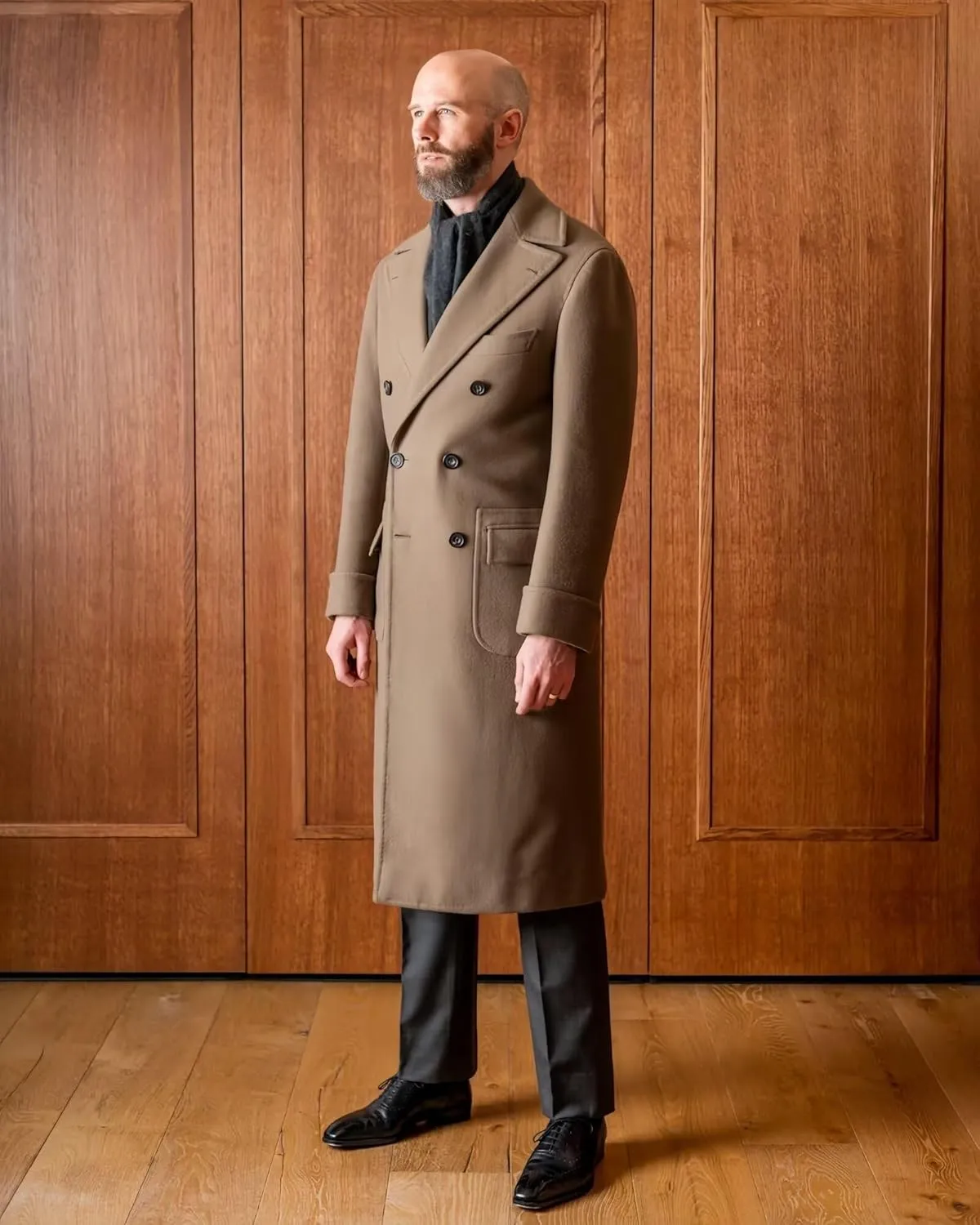 Leisure Men's Cashmere Long Overcoat Double Breasted Pea Jacket Notch Lapel Winter Trench Coat Regular Fit Jacket