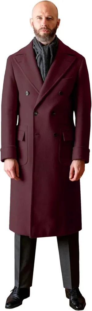Leisure Men's Cashmere Long Overcoat Double Breasted Pea Jacket Notch Lapel Winter Trench Coat Regular Fit Jacket