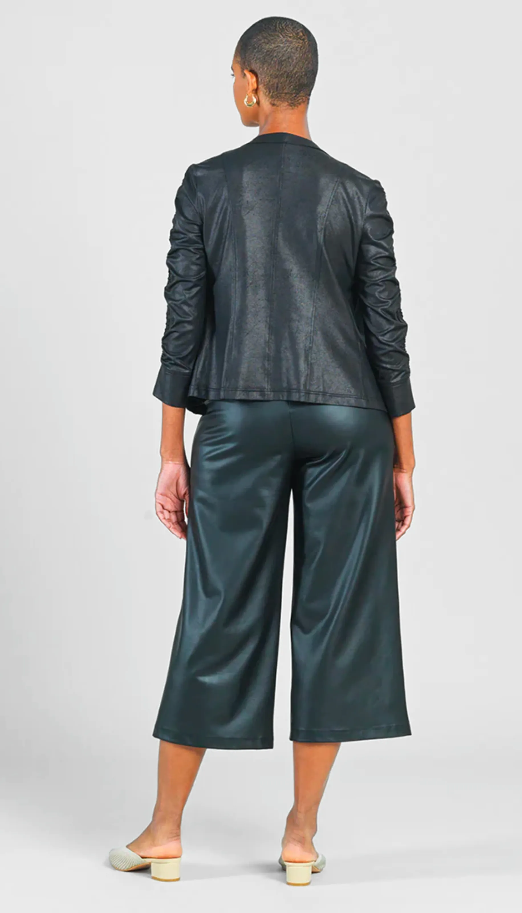 Liquid Leather Ruched Zip 3/4 Sleeve Jacket