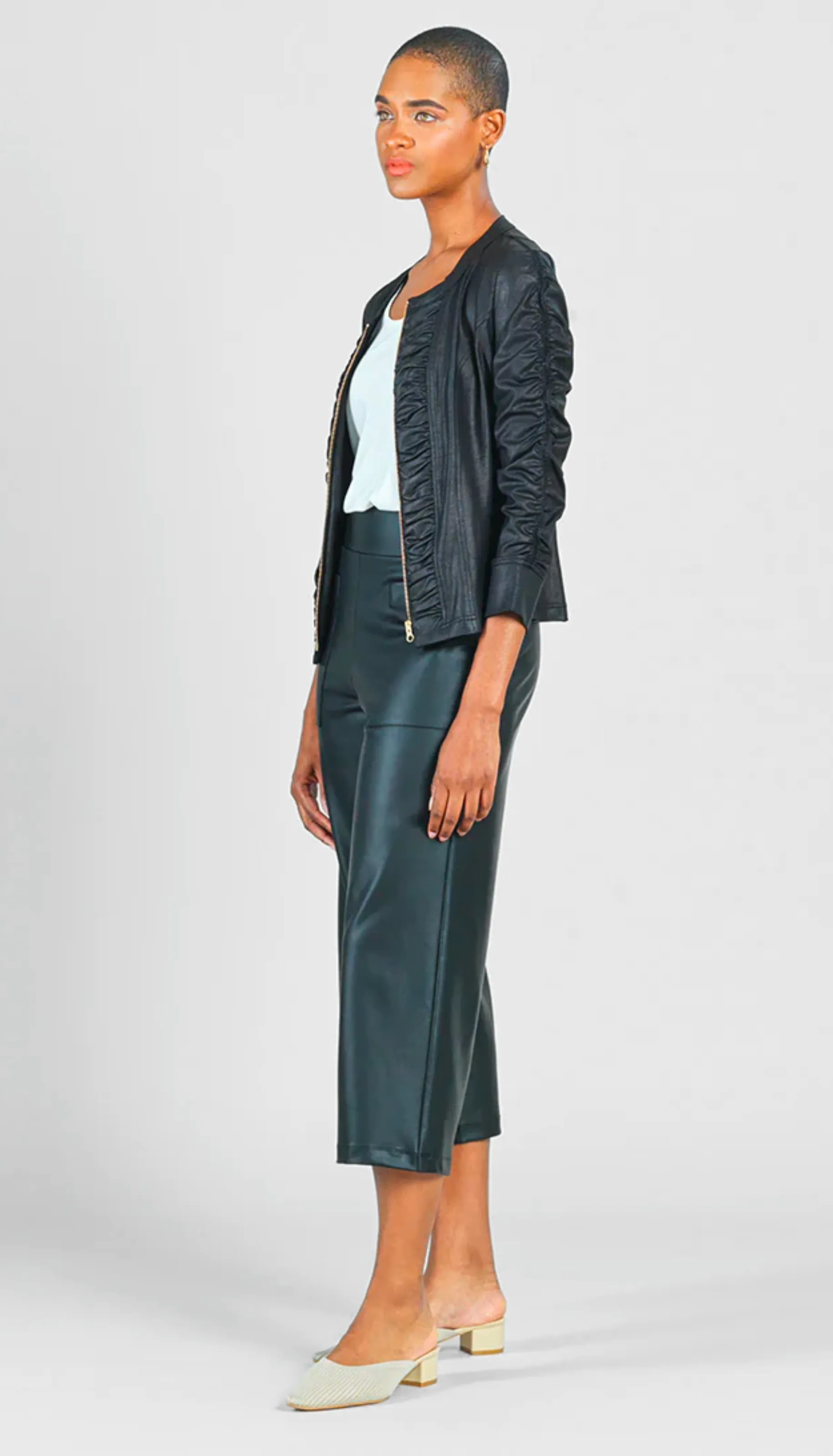 Liquid Leather Ruched Zip 3/4 Sleeve Jacket