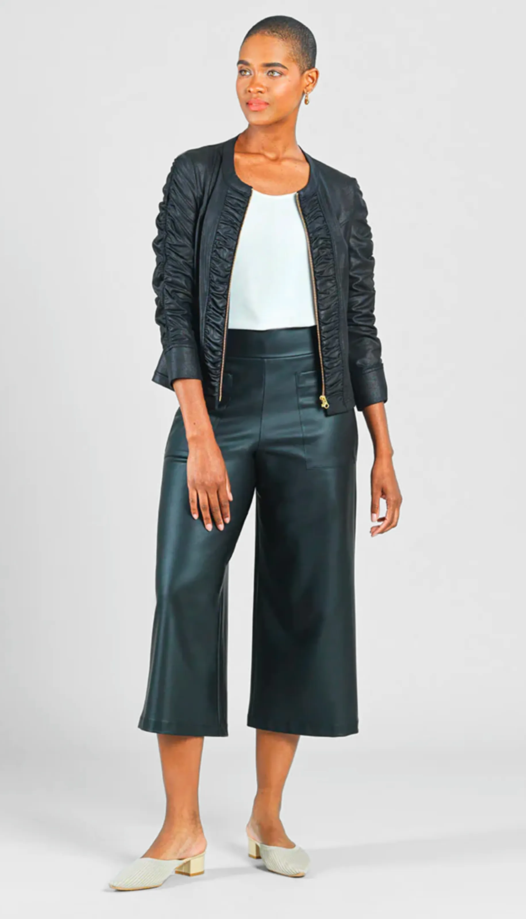 Liquid Leather Ruched Zip 3/4 Sleeve Jacket