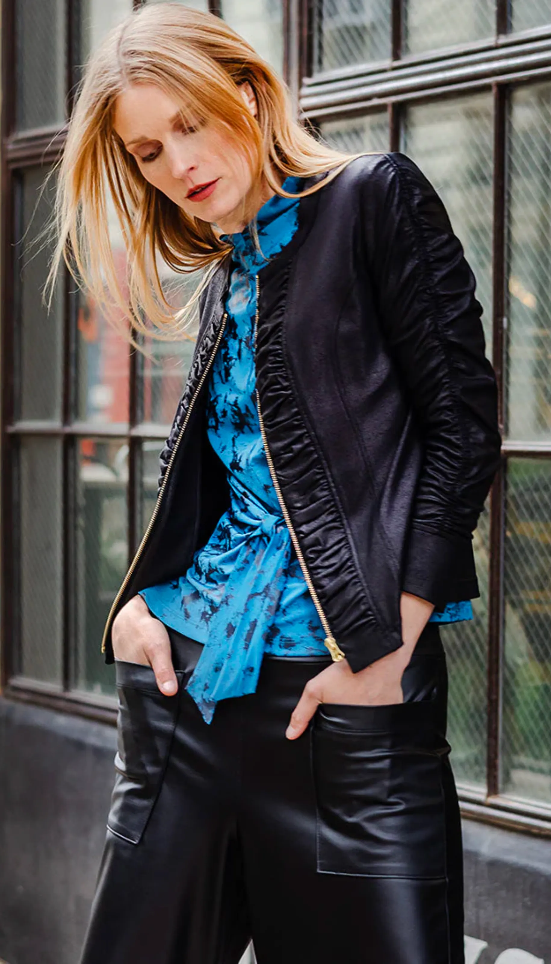 Liquid Leather Ruched Zip 3/4 Sleeve Jacket
