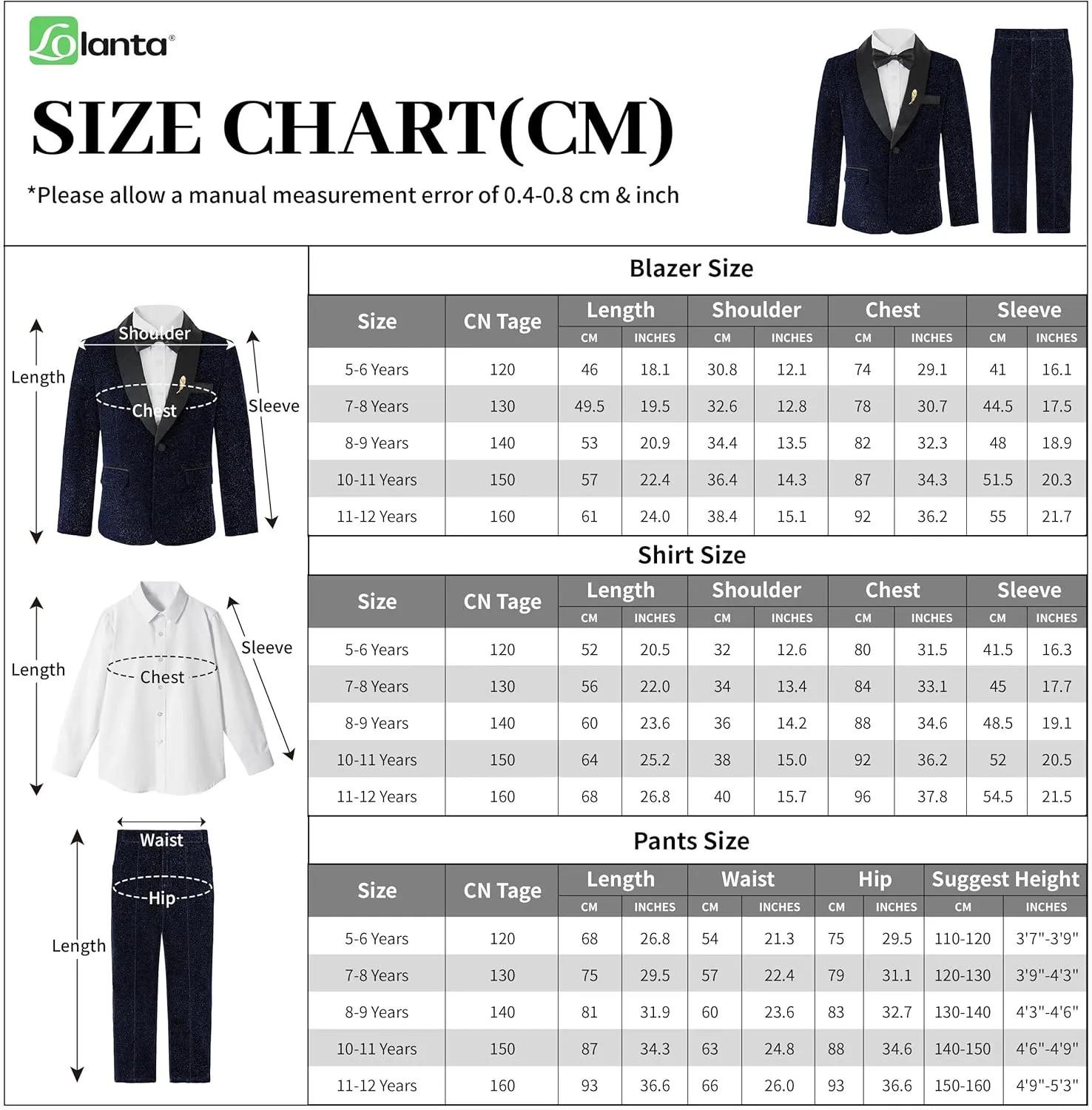 LOLANTA 4Pcs Boys Shiny Suits, Formal Tuxedo Kids Glitter Performance Blazer and Pants with Shirt for Christmas 5-12 Years