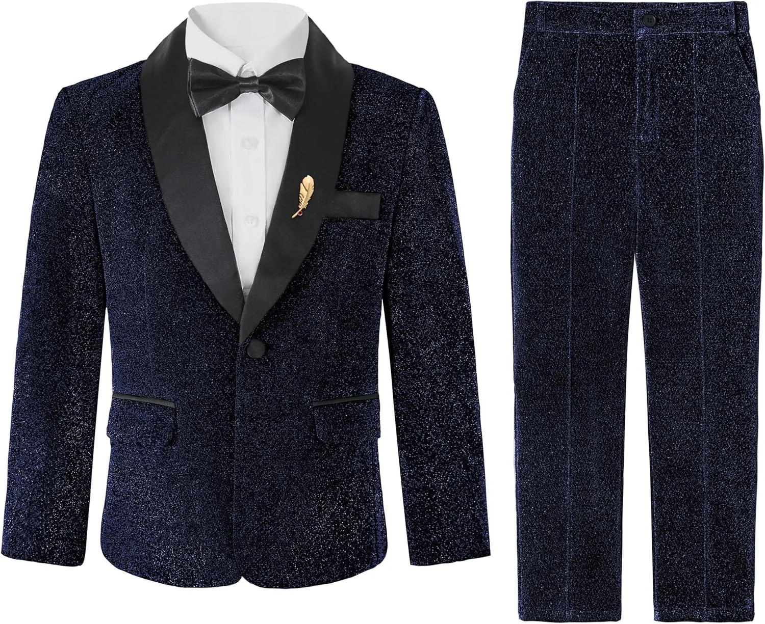 LOLANTA 4Pcs Boys Shiny Suits, Formal Tuxedo Kids Glitter Performance Blazer and Pants with Shirt for Christmas 5-12 Years