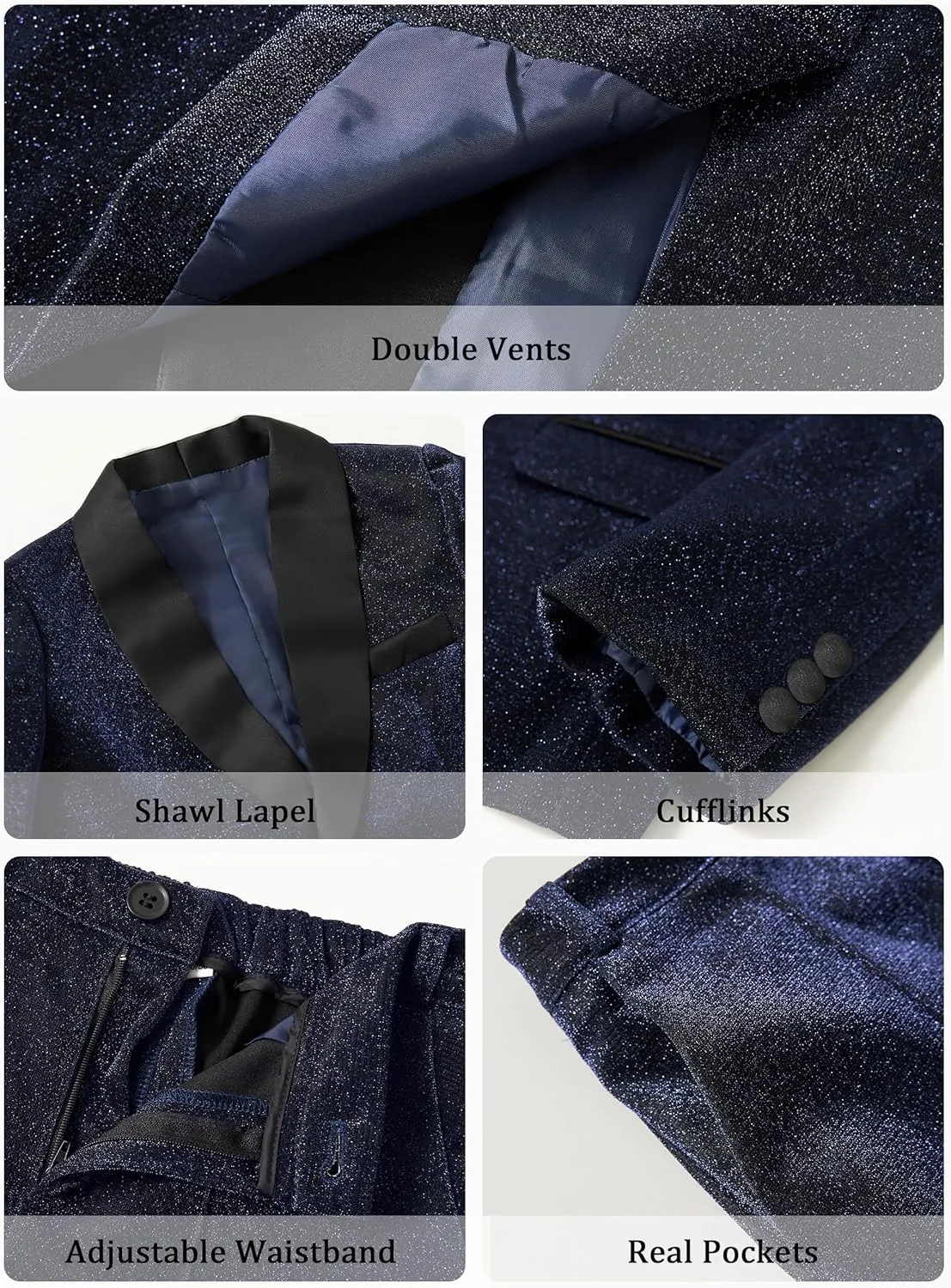 LOLANTA 4Pcs Boys Shiny Suits, Formal Tuxedo Kids Glitter Performance Blazer and Pants with Shirt for Christmas 5-12 Years