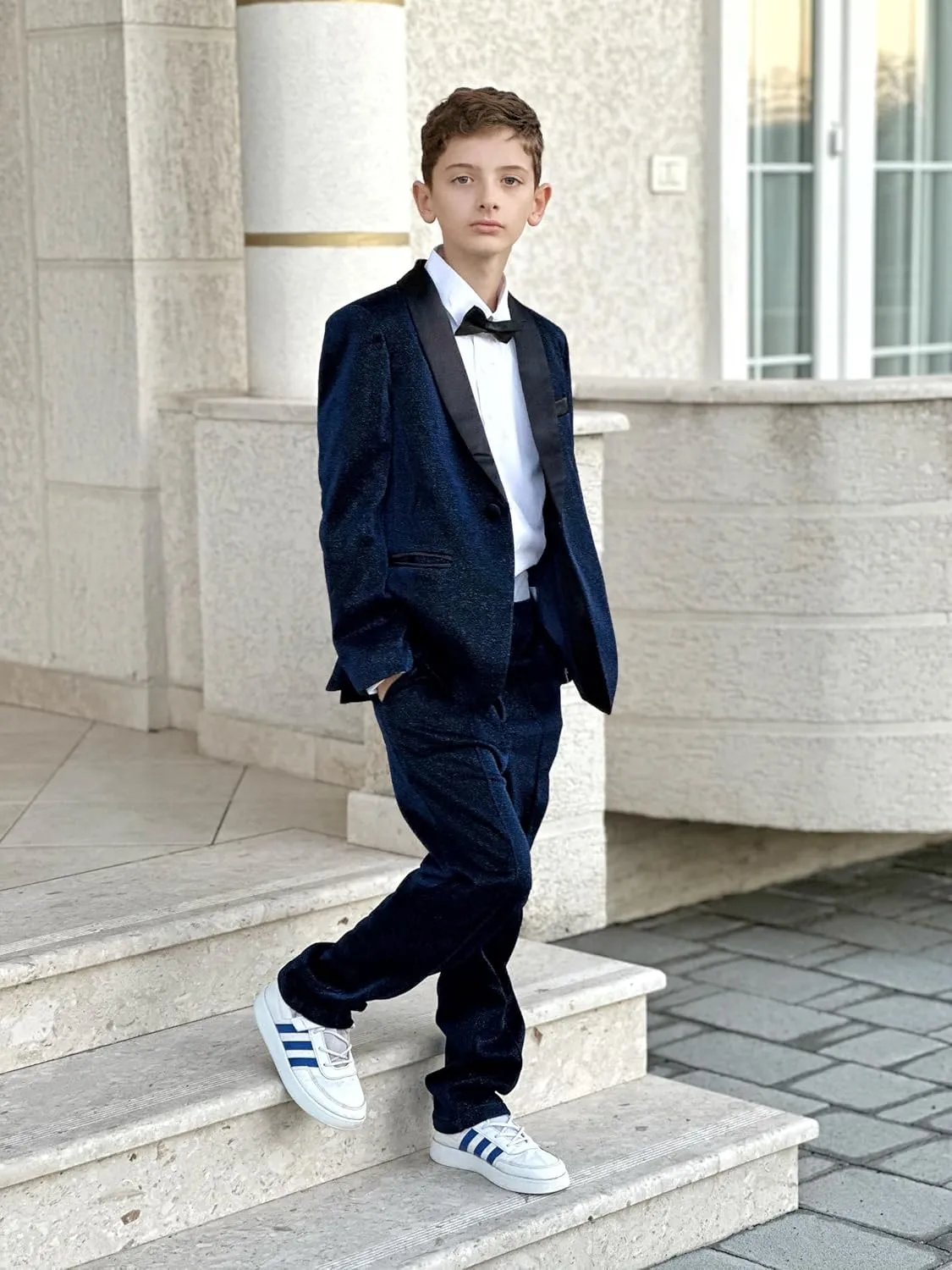 LOLANTA 4Pcs Boys Shiny Suits, Formal Tuxedo Kids Glitter Performance Blazer and Pants with Shirt for Christmas 5-12 Years
