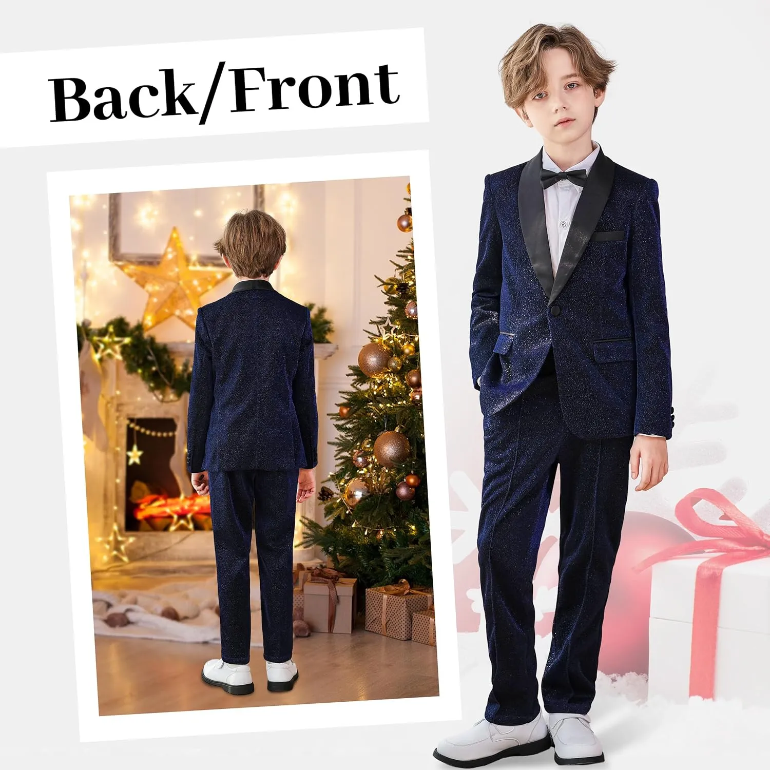 LOLANTA 4Pcs Boys Shiny Suits, Formal Tuxedo Kids Glitter Performance Blazer and Pants with Shirt for Christmas 5-12 Years