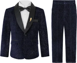 LOLANTA 4Pcs Boys Shiny Suits, Formal Tuxedo Kids Glitter Performance Blazer and Pants with Shirt for Christmas 5-12 Years