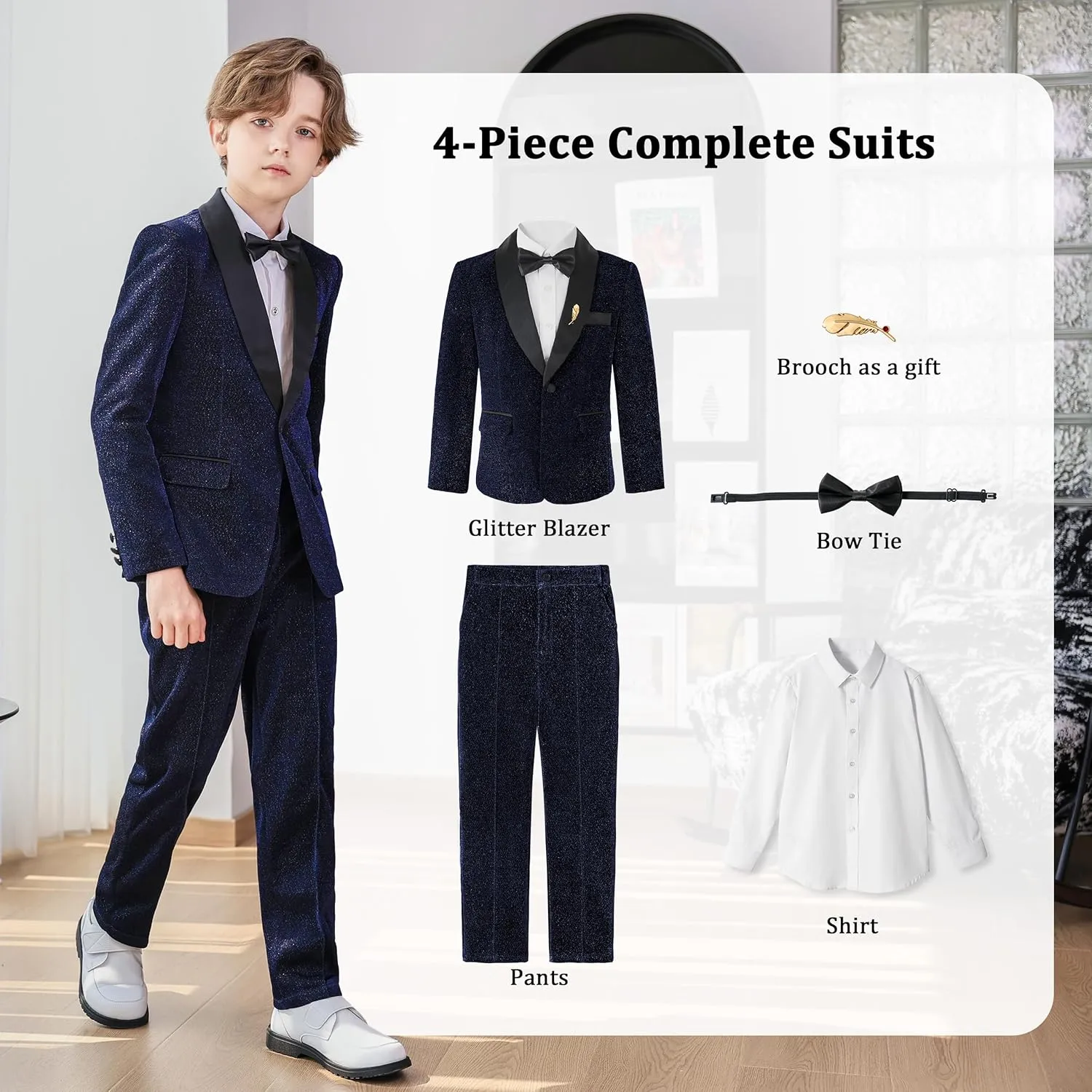 LOLANTA 4Pcs Boys Shiny Suits, Formal Tuxedo Kids Glitter Performance Blazer and Pants with Shirt for Christmas 5-12 Years
