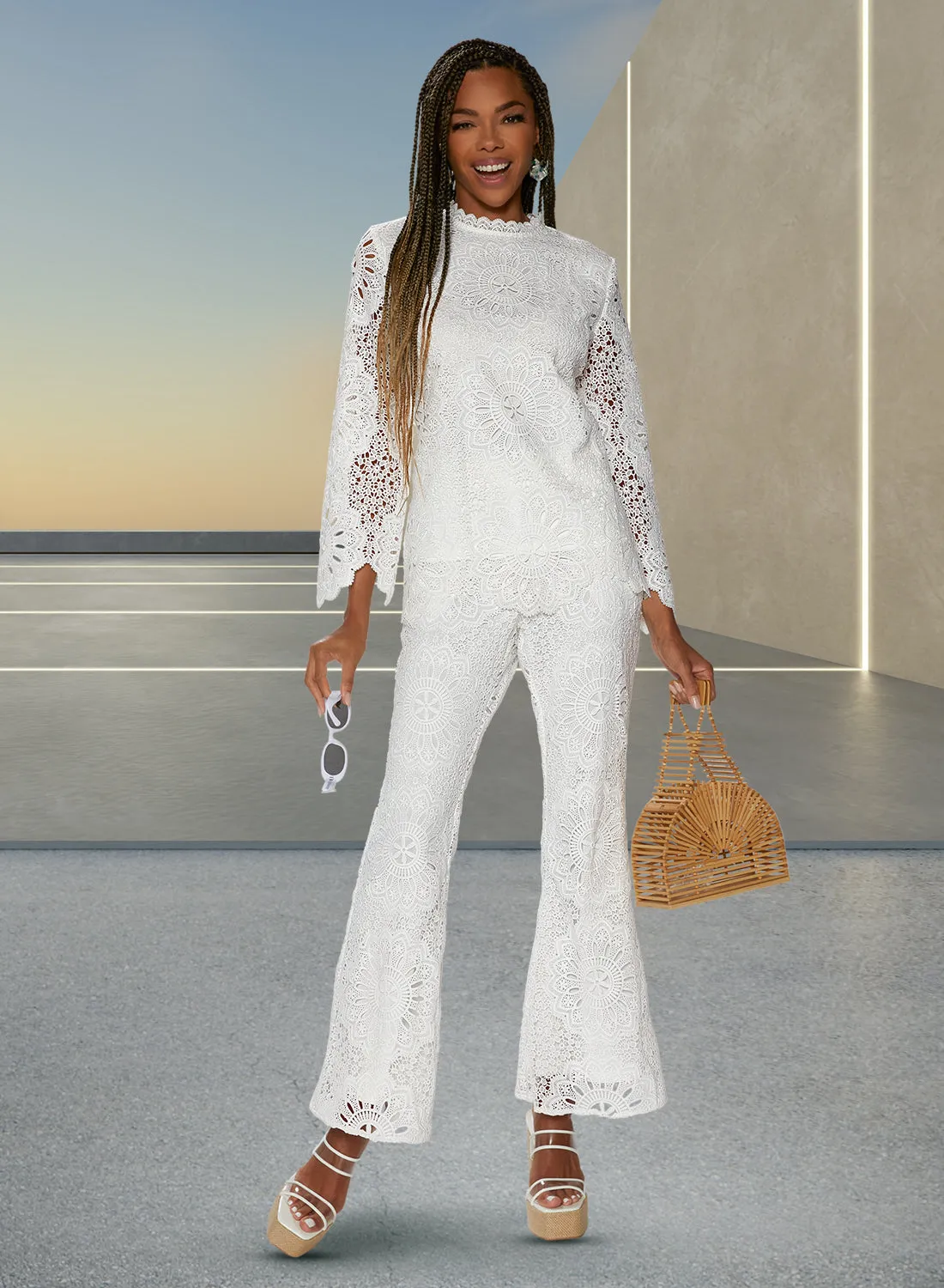Love the Queen 17538P - White - Lined Novelty Lace Pants with Side Pockets