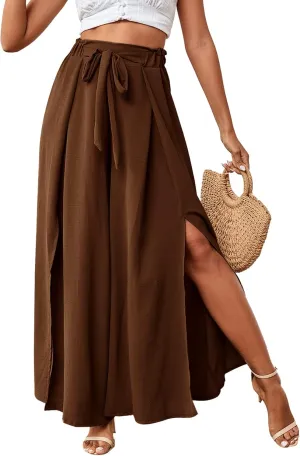 LYANER Women's Tie Front High Waist Side Split Slit Flowy Wide Leg Pleated Pant with Belt