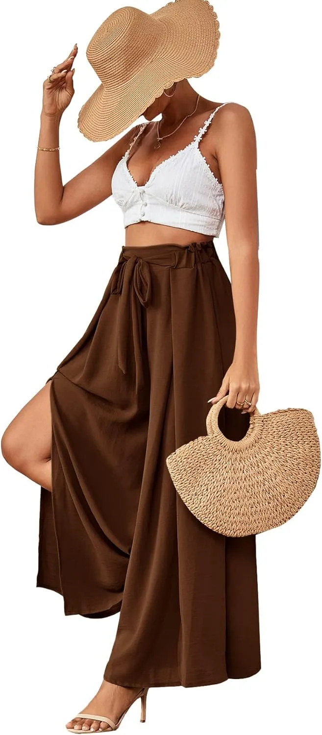 LYANER Women's Tie Front High Waist Side Split Slit Flowy Wide Leg Pleated Pant with Belt