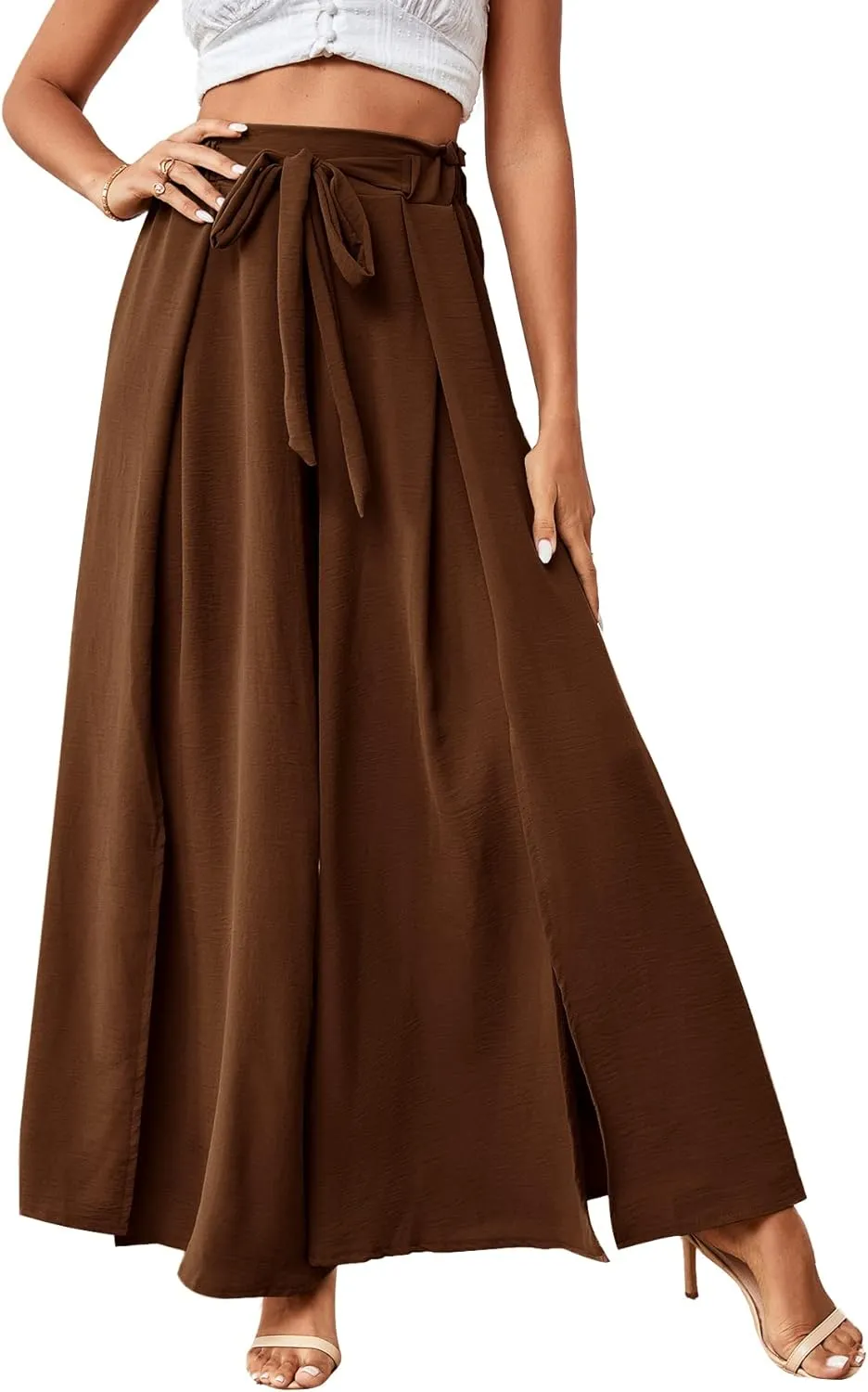 LYANER Women's Tie Front High Waist Side Split Slit Flowy Wide Leg Pleated Pant with Belt