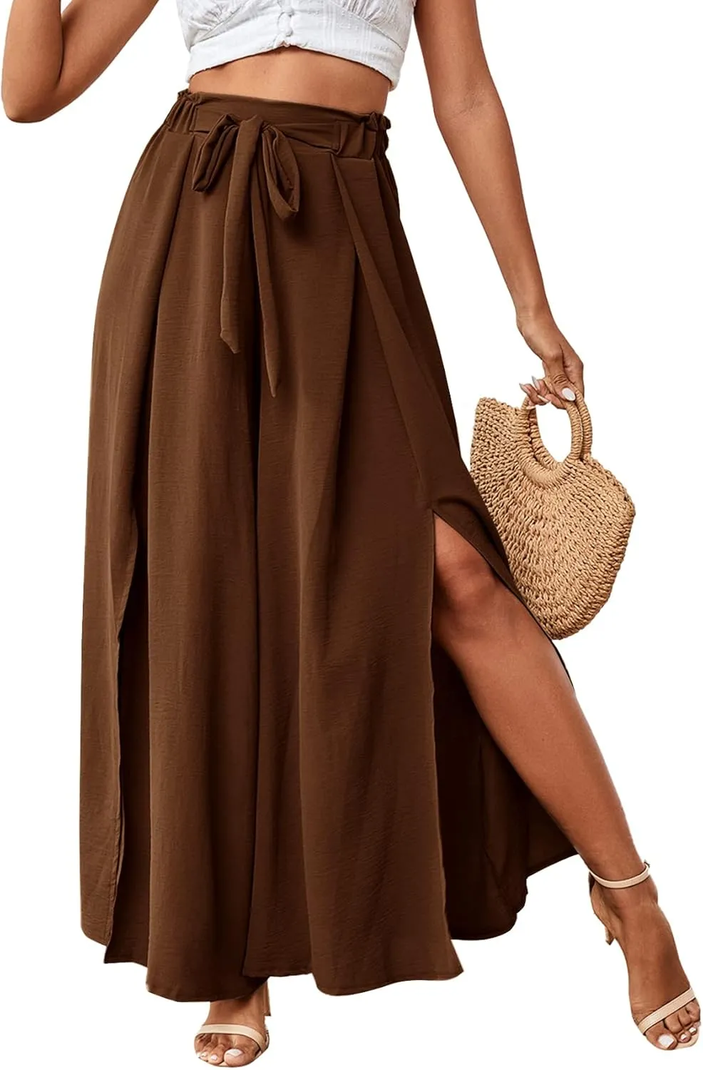 LYANER Women's Tie Front High Waist Side Split Slit Flowy Wide Leg Pleated Pant with Belt