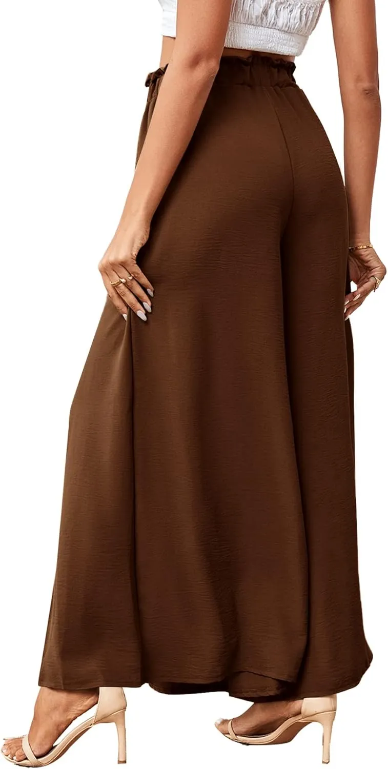 LYANER Women's Tie Front High Waist Side Split Slit Flowy Wide Leg Pleated Pant with Belt