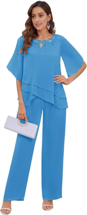 MAGGCIF 2 Pieces Mother of The Bride Pant Suits for Women Dressy Sets Ruffle Layers Chiffon Formal Wedding Guest Outfit