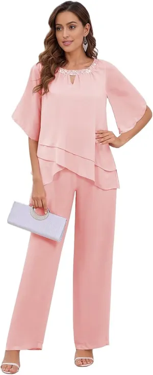 MAGGCIF 2 Pieces Mother of The Bride Pant Suits for Women Dressy Sets Ruffle Layers Chiffon Formal Wedding Guest Outfit