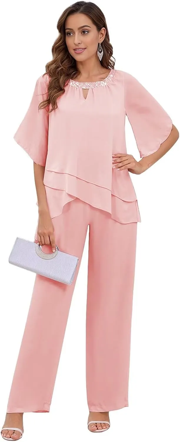 MAGGCIF 2 Pieces Mother of The Bride Pant Suits for Women Dressy Sets Ruffle Layers Chiffon Formal Wedding Guest Outfit
