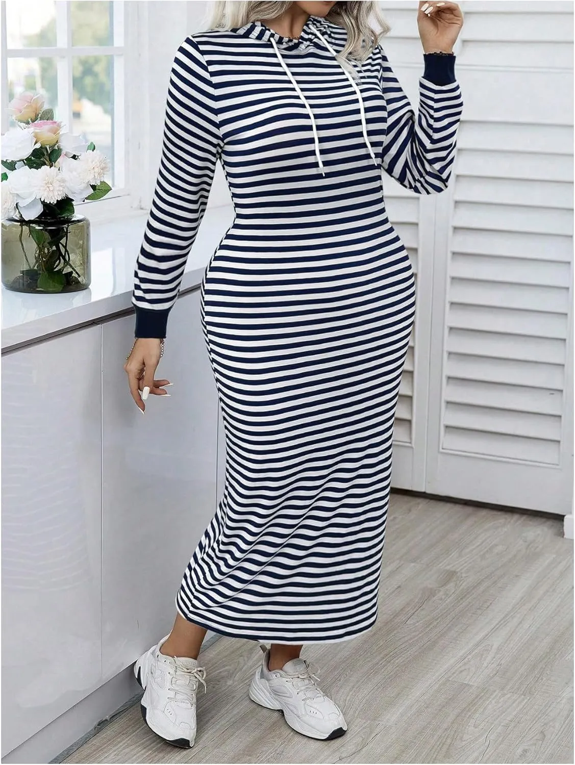MakeMeChic Women's Plus Size Striped Hoodie Dress Drawstring Long Sleeve Oversized Sweatshirt Maxi Dresses