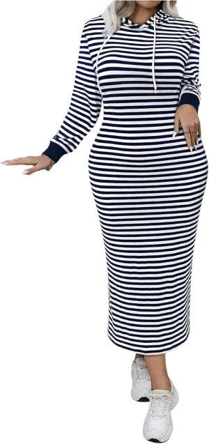 MakeMeChic Women's Plus Size Striped Hoodie Dress Drawstring Long Sleeve Oversized Sweatshirt Maxi Dresses