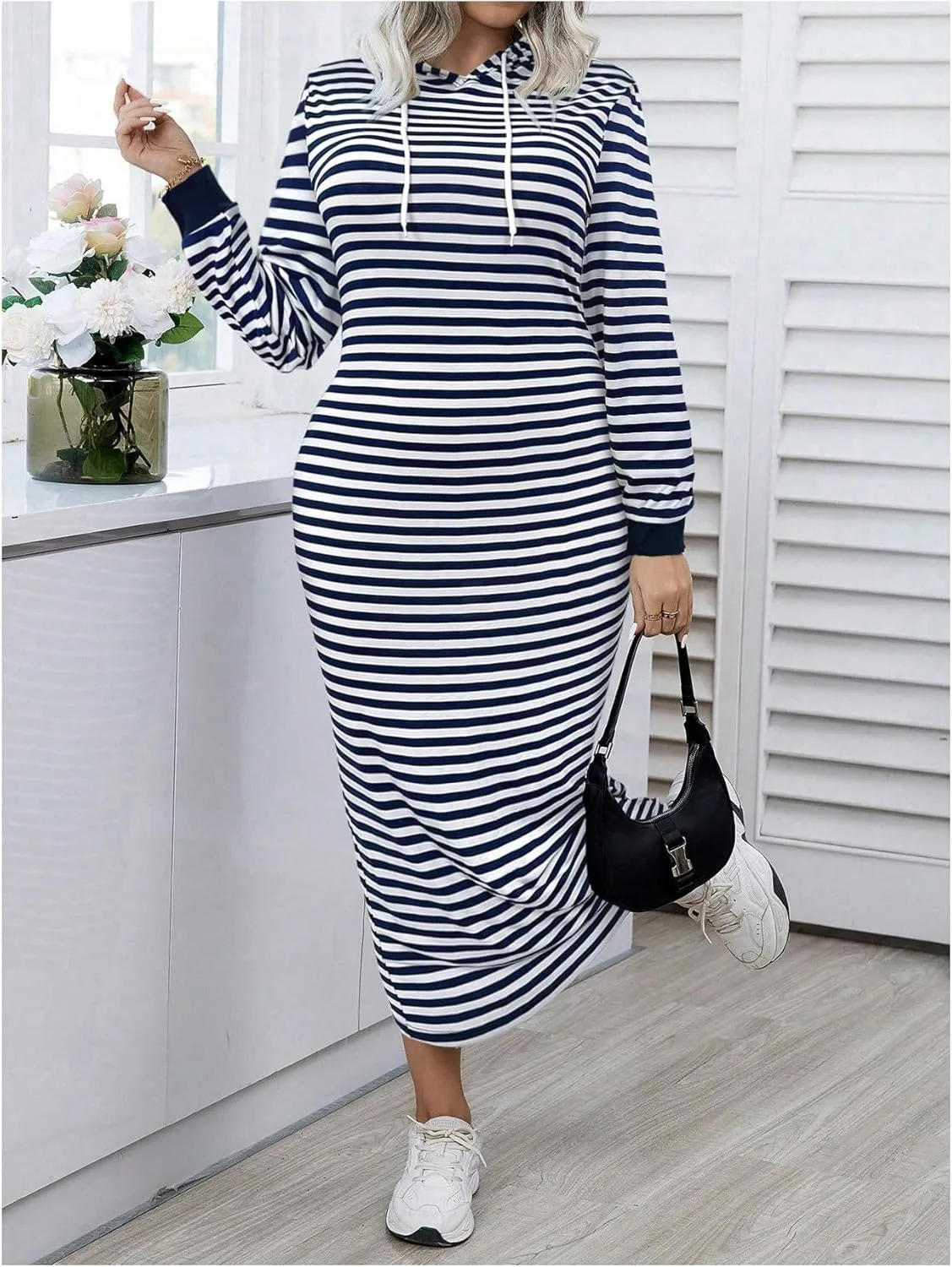 MakeMeChic Women's Plus Size Striped Hoodie Dress Drawstring Long Sleeve Oversized Sweatshirt Maxi Dresses