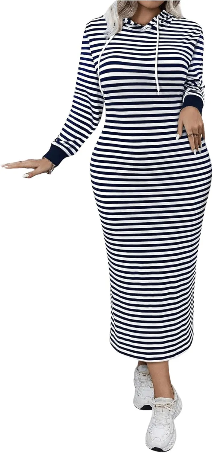 MakeMeChic Women's Plus Size Striped Hoodie Dress Drawstring Long Sleeve Oversized Sweatshirt Maxi Dresses