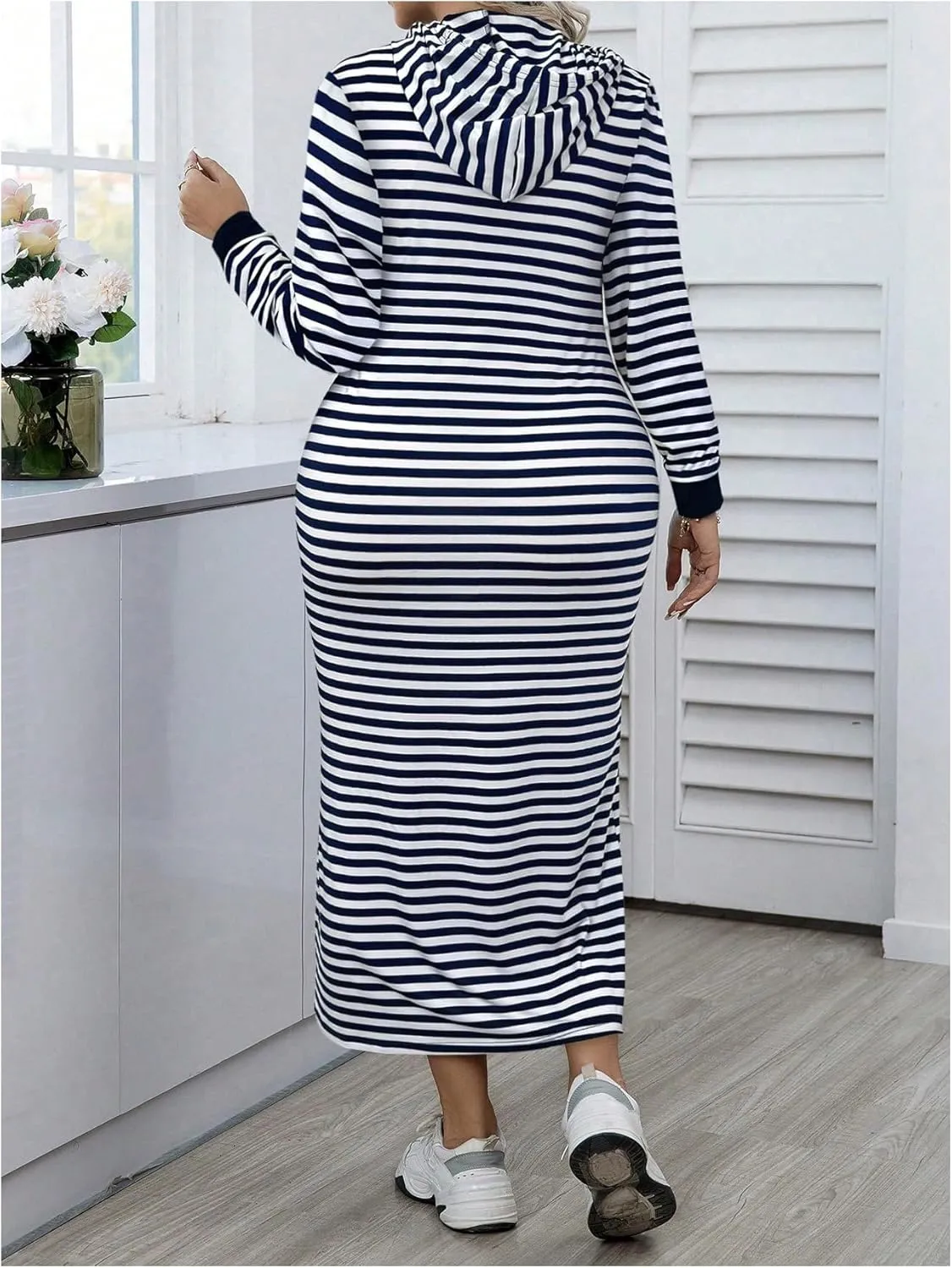 MakeMeChic Women's Plus Size Striped Hoodie Dress Drawstring Long Sleeve Oversized Sweatshirt Maxi Dresses