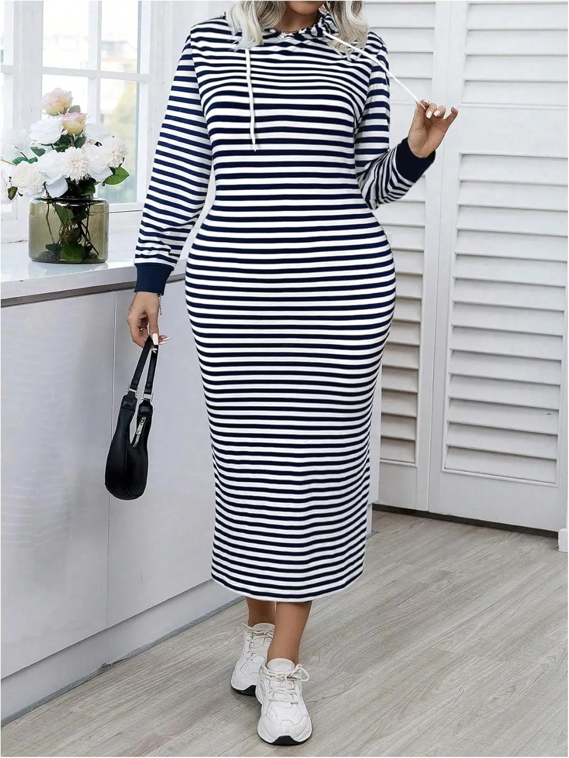MakeMeChic Women's Plus Size Striped Hoodie Dress Drawstring Long Sleeve Oversized Sweatshirt Maxi Dresses