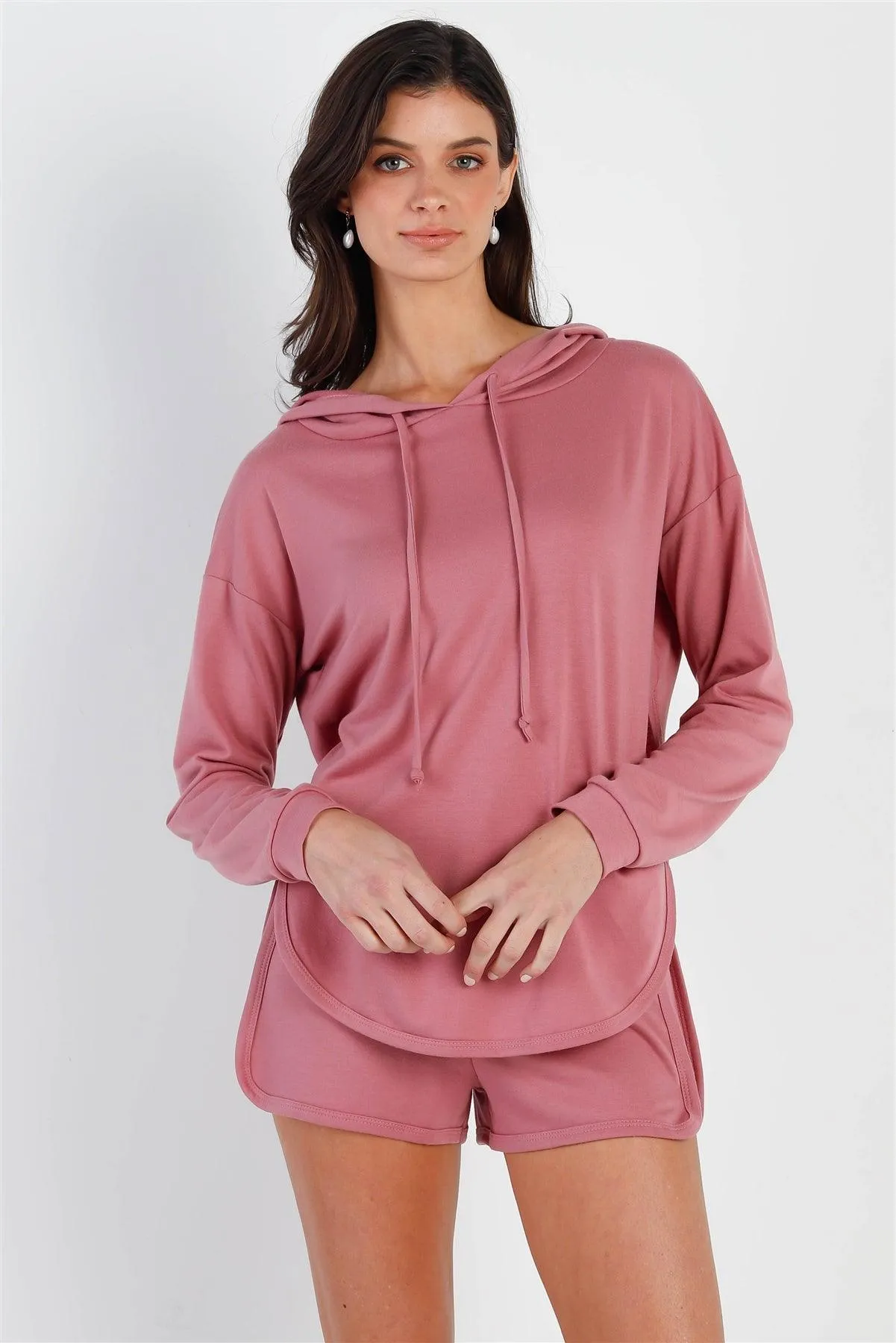 Mauve Racer Back Detail Long Sleeve Hooded Top & Short Set /2-2-1