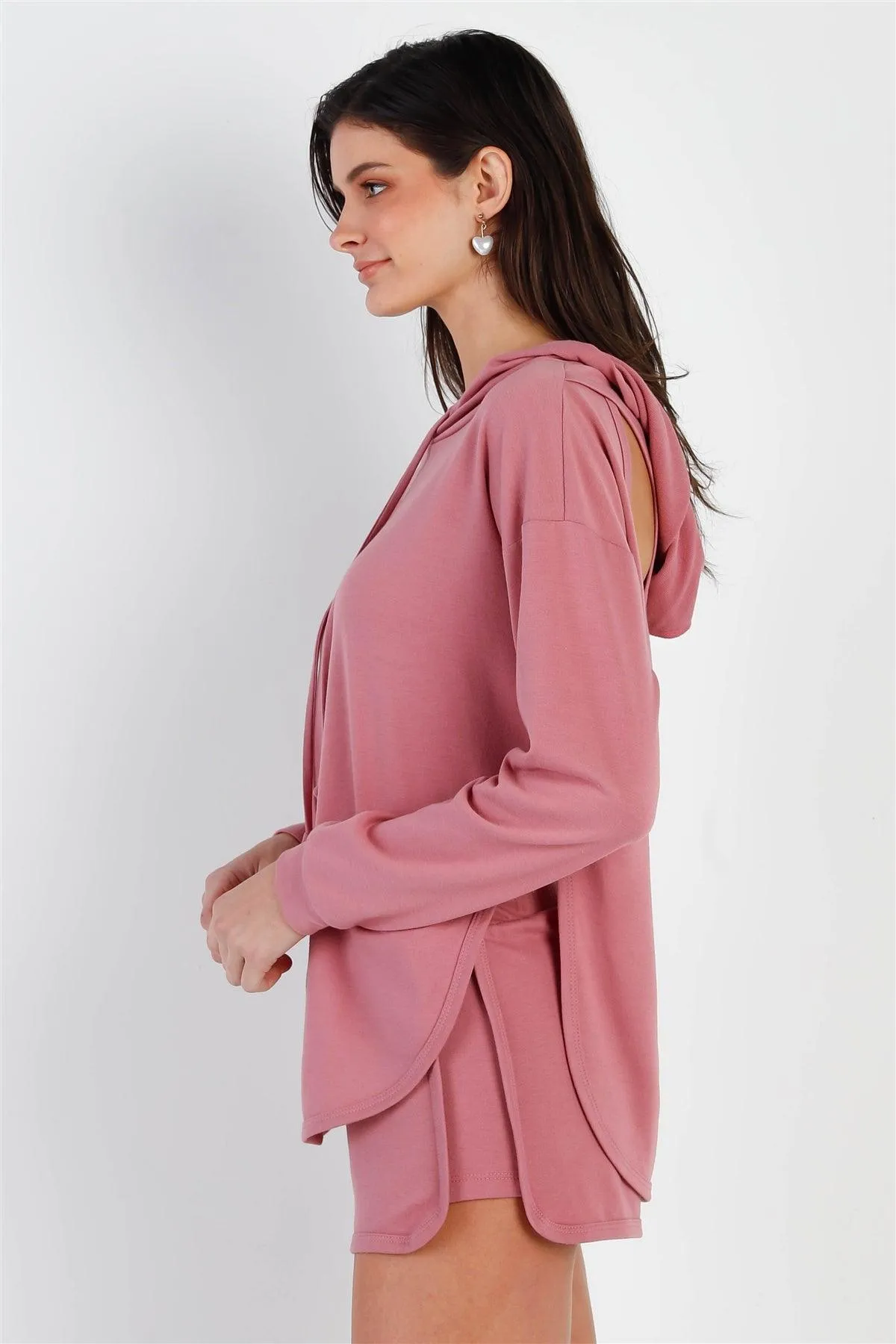 Mauve Racer Back Detail Long Sleeve Hooded Top & Short Set /2-2-1