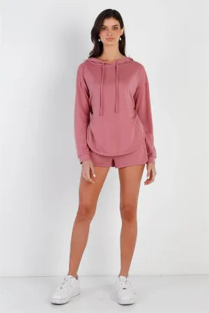 Mauve Racer Back Detail Long Sleeve Hooded Top & Short Set /2-2-1