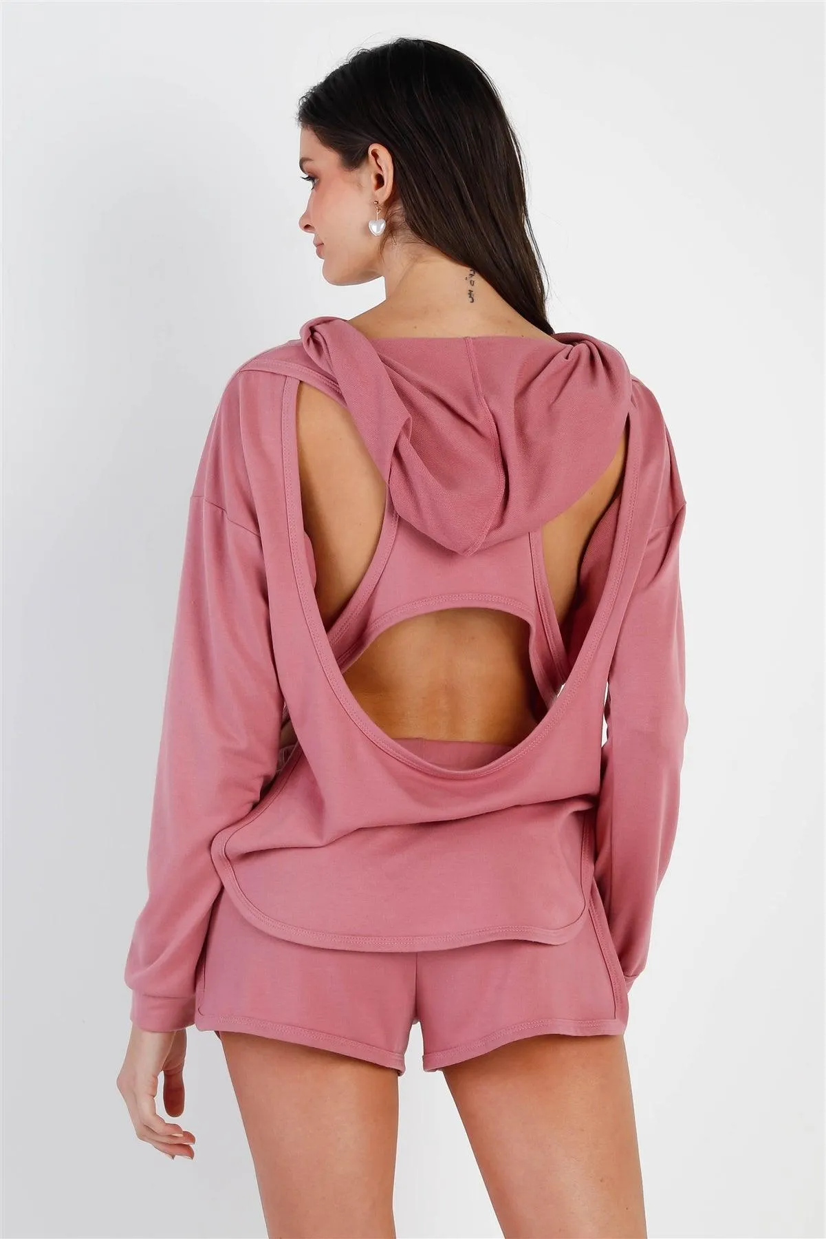 Mauve Racer Back Detail Long Sleeve Hooded Top & Short Set /2-2-1