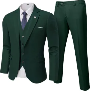 Men's 3 Pieces Suit, Solid Slim Fit One Button Blazer Set, Jacket Vest Pants with Tie for Wedding Party Business