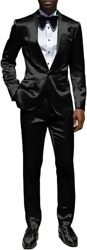Men's Green 2-Piece Slim Fit Shiny Satin Suit Tuxedo Jacket & Pants Set for Wedding, Dinner, Prom, Party