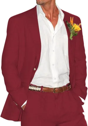 Mens Linen Suit 2 Piece Slim Fit Linen Suit for Men Summer Beach Wedding Suits Jacket Pants Set